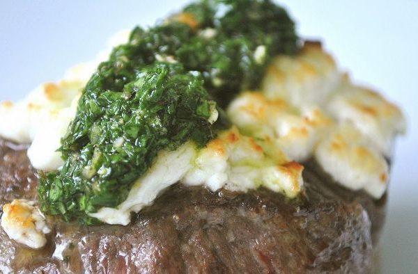 Rump Steak stuffed with Blue Cheese, Rocket, and Pear.